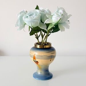 Vintage Hand Painted Vase With Flower Frog Grille Nautical Sailing Boat Coastal